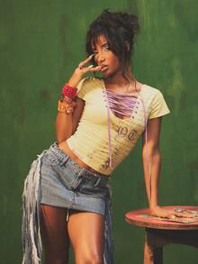 SUMWON WOMEN Graphic Script Print Lace Up Detail Crop Top With Short Sleeves And Scoop Neckline - Yellow - View 1