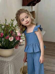 2件套女童浅蓝色牛仔荷叶边上衣和宽松裤子套装 - 淺色水洗藍 - 查看 4