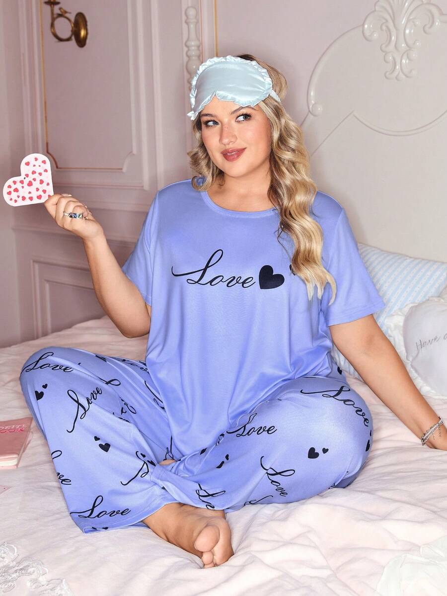 Slumberry CURVE Cute Ins Contrast Color Valentine's Day Love Print Round Neck Long Sleeve Loose Comfortable Black Plus Size Pajama Set - Baby Blue - View 1