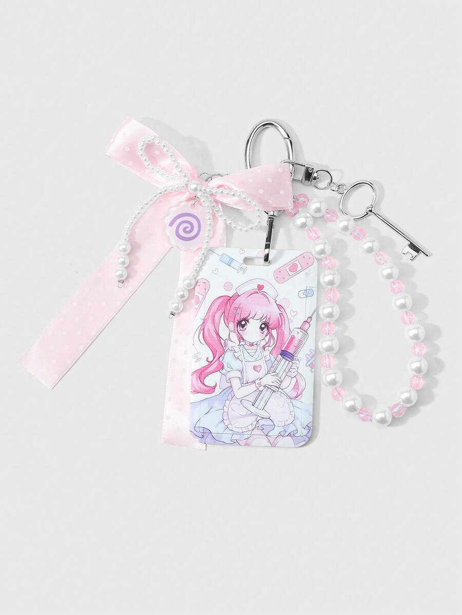 ROMWE Kawaii 1款全新二维日韩甜美少女可爱百搭高性价比手工串珠白色仿珍珠粉色进口高密度飘带蝴蝶结漩涡鱼饼吊坠粉色细闪圆形串珠钥匙扣卡通软萌动漫少女护士印花亚克力滑动卡套校园卡套、明星卡套、旅行交通卡套DIY钥匙扣配件包包挂件，适合上班族、学生、派对爱好者、日常佩戴、节日礼物 - 粉色-102 - 查看 1