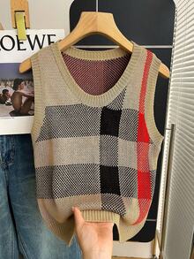 Resyla Women's Plaid Loose Casual Versatile Knitted Vest, Autumn/Winter - Brown - View 1