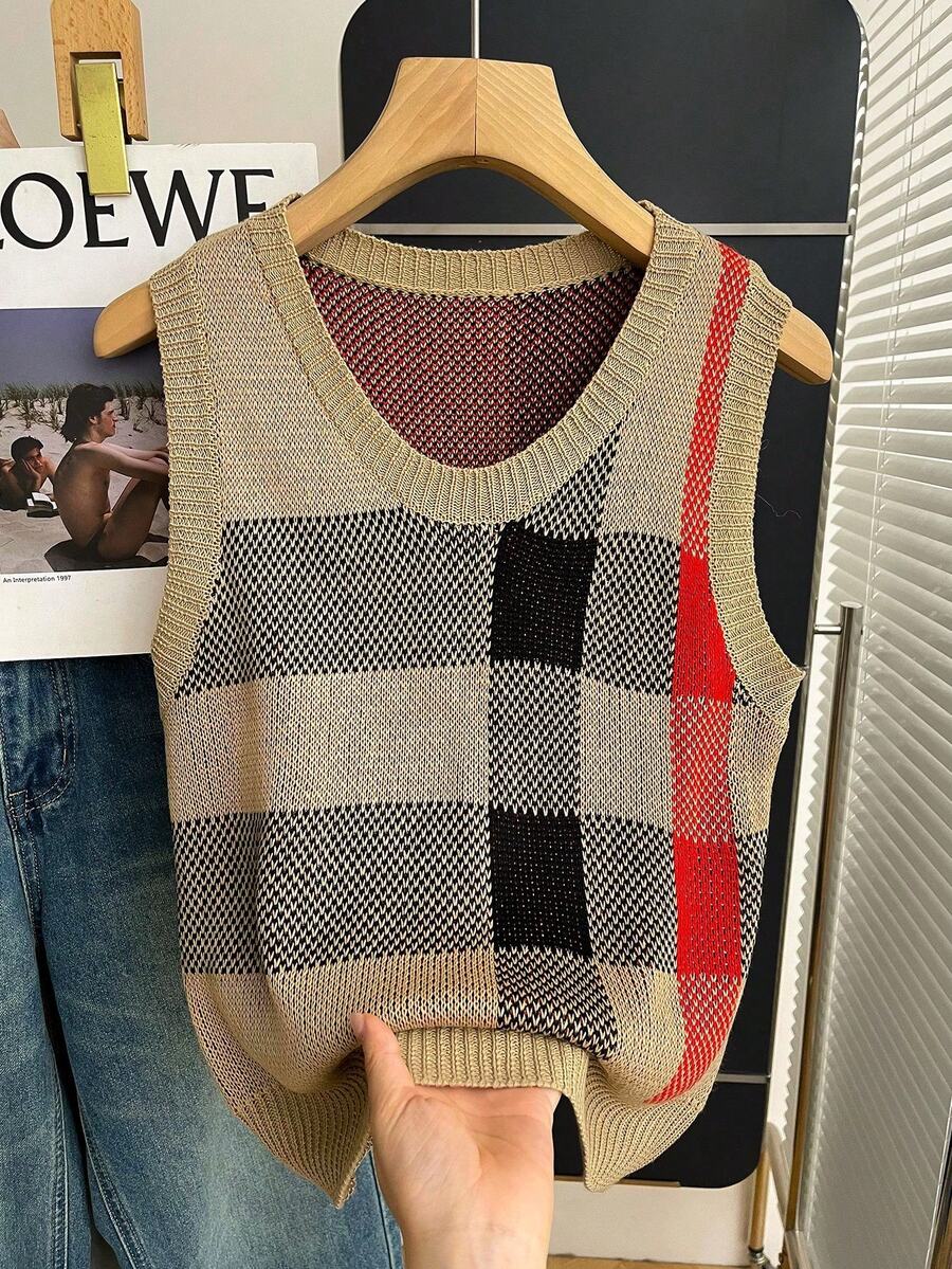 Resyla Women's Plaid Loose Casual Versatile Knitted Vest, Autumn/Winter - Brown - View 1