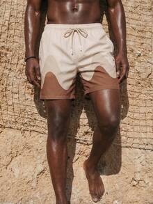 ZELFYO 男士纯色拼接系带口袋简约沙滩短裤，休闲日常穿着，夏威夷风 - 杏色 - 查看 5