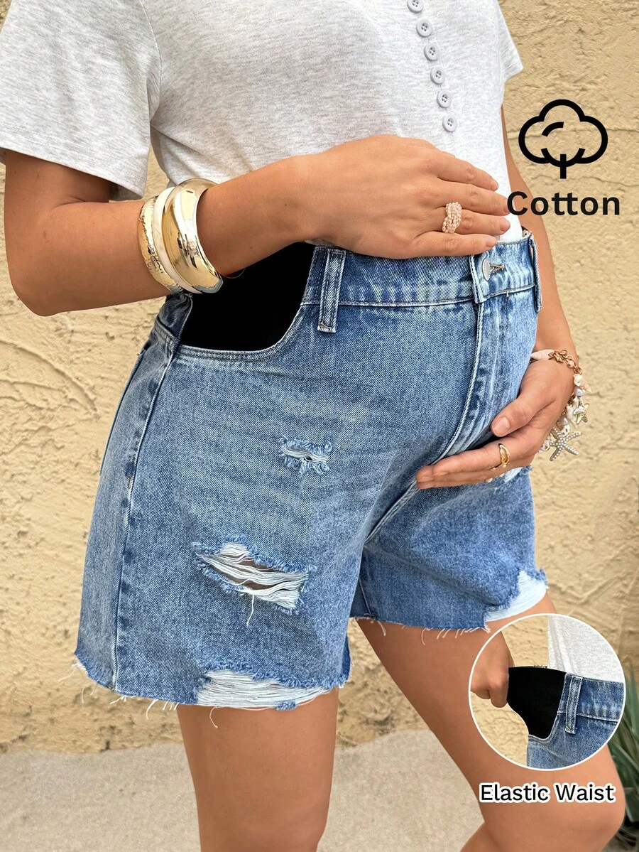 SHEIN Maternity Distressed Frayed Hem Denim Shorts,Summer Smart Casual Blue High Waisted Ripped Jean Shorts With Pockets,Women's Elastic Waist Comfy Shorts - Blue - View 1