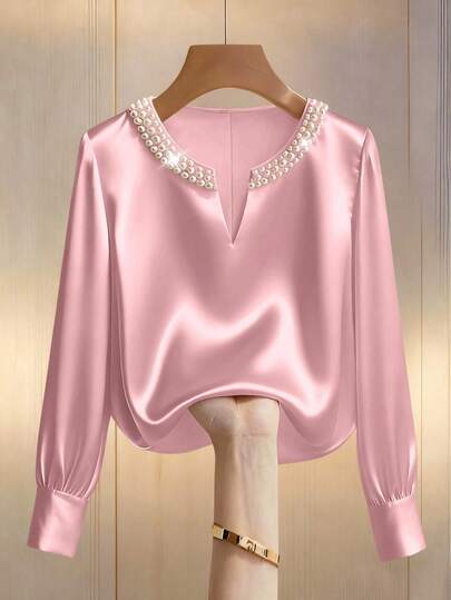 Franclia 女士香槟色优雅V领珍珠装饰长袖衬衫，缎面面料，适合通勤和日常优雅穿着