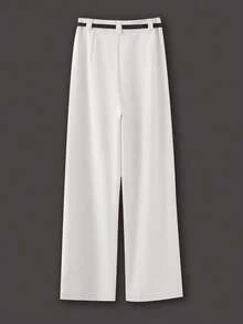 Franclia Pantalones rectos de cintura alta con ajuste holgado y cinturón, color caqui, versátiles para uso casual y de negocios, pantalones de trabajo para primavera/otoño para mujeres, pantalones envolventes, jeans blancos para mujer, pantalones largos para mujer - Blanco - Ver 2