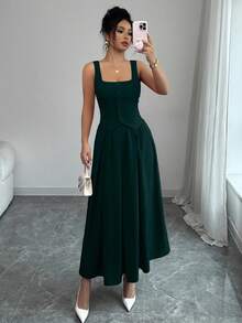 Rafferiza Women's Fashionable Sleeveless Square Neck Single-Breasted Vest And Pleated Flared Skirt 2-Piece Set, Versatile Daily Wear - Dark Green - View 3