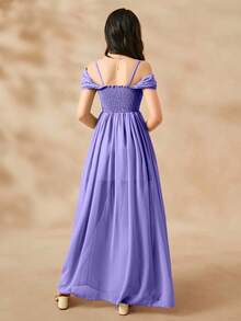 Vestido de gasa verde único con tirantes finos para niñas, vestido elegante con abertura para vacaciones de verano en la playa - Morado - Ver 2