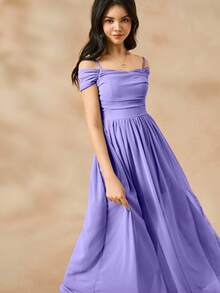 Vestido de gasa verde único con tirantes finos para niñas, vestido elegante con abertura para vacaciones de verano en la playa - Morado - Ver 7