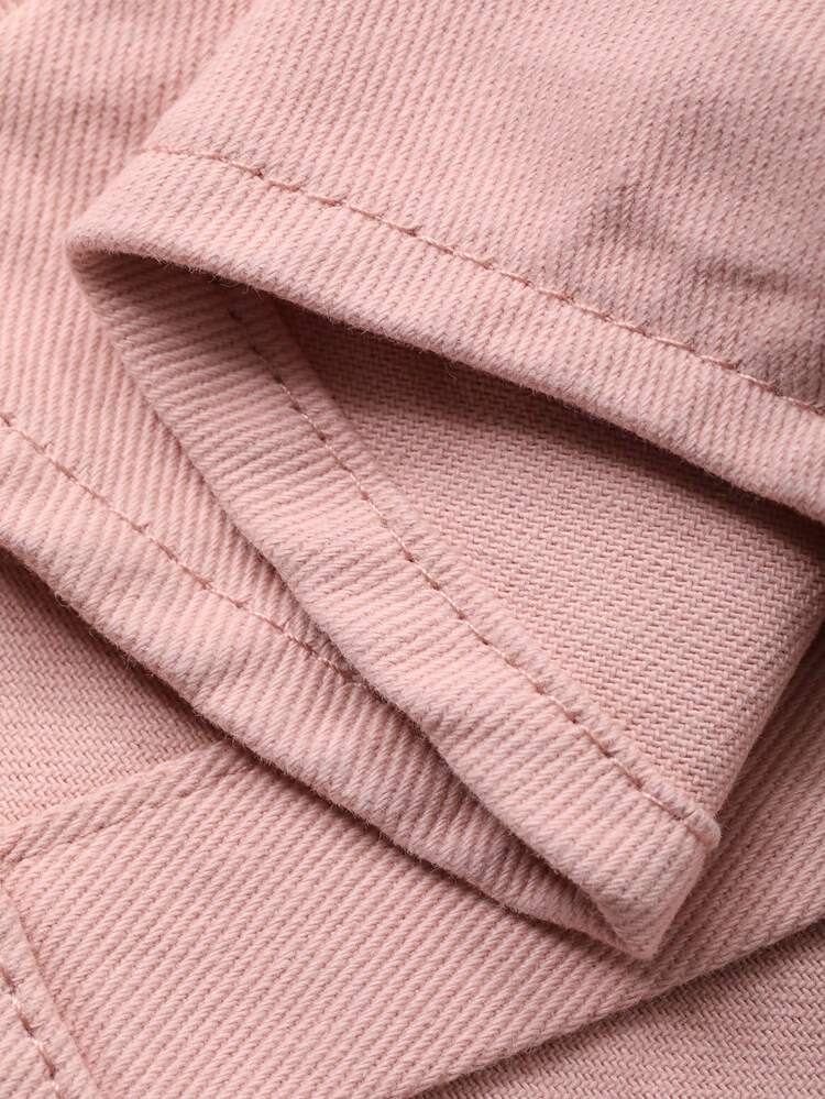 Women's Turndown Collar Long Sleeve Loose Shirt, Pink Casual City Vacation Style With Embroidery Decor Denim Jacket And Coat