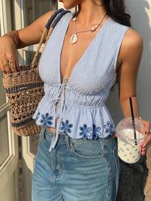 Serisse Women's Floral Hollow-Out Embroidery Deep V-Neck Tie Front Sleeveless Sexy Blouse - Baby Blue - View 3