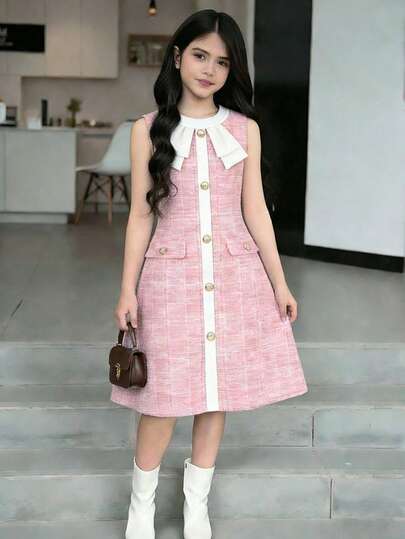 Girls' Sweet Princess Style Fresh & Cute Black & White Contrast Color Round Neck Short Sleeve Mid-Length Tulle Dress With 3D White Flower Decor, Suitable For Birthday Party, Kindergarten, Daily Outings, Family Gatherings