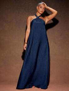Hauture Elegant Solid Color Backless Halter Dress, Summer - Navy Blue - View 2