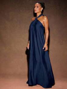 Hauture Elegant Solid Color Backless Halter Dress, Summer - Navy Blue - View 5