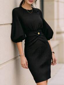 Ellegaria. 女士优雅休闲圆领中袖扭结设计修身中长黑色连衣裙，修身连衣裙，黑色连衣裙，纯色连衣裙，针织连衣裙，休闲连衣裙，女士优雅连衣裙，百搭连衣裙，职业连衣裙 - 黑色 - 查看 5