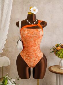 Zestiva Bộ đồ bơi liền thân không dây vai mới về dành cho nữ mùa Xuân/Hè, họa tiết hoa màu cam, phong cách ngọt ngào và ngây thơ cho kỳ nghỉ biển. - trái cam - Xem 3