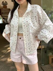 DAZY Spring Cotton Ditsy Floral Casual Loose Fit Outdoor Jacket, White - White - View 4