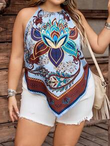 SHEIN CURVE+ 大尺碼女款花卉印花掛脖式不對稱下擺休閒百搭日常穿搭上衣 - 彩色 - 查看 5