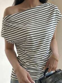 DAZY Women's Striped Open Shoulder Casual Commuting Batwing Sleeve T-Shirt Summer - Apricot - View 14