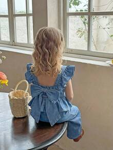 2件套女童浅蓝色牛仔荷叶边上衣和宽松裤子套装 - 淺色水洗藍 - 查看 3