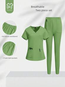 TaskEZ Solid Color Short Sleeve Pocket Top And Pants Scrub Uniform Set - Green - View 2