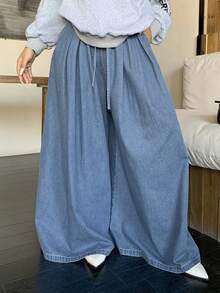 Dazy Plus 加大码纯色水洗蓝超宽松阔腿系带弹力腰牛仔裤女款 - 藍色 - 查看 2