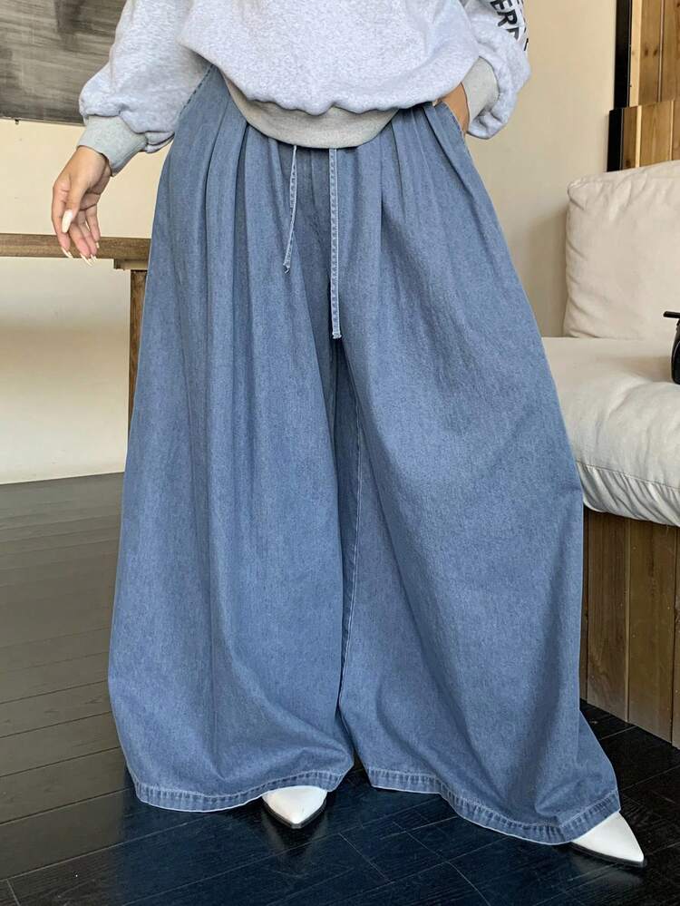 Dazy Plus Plus Size Solid Washed Blue Extra Loose Wide Leg Tie-Waist Elastic Waist Denim Pants Women Jeans