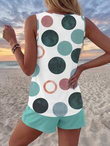 Sylviya Bộ đồ nữ gồm áo hai dây cổ tròn không tay nhiều màu sắc và quần short có túi dây rút, thích hợp mặc mùa hè. Bộ đồ hai mảnh mùa hè cho nữ, bộ đồ ngắn cho nữ, bộ đồ ngắn cho kỳ nghỉ. - Nhiều màu - Xem 2