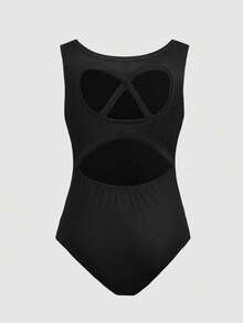 SHEIN Tween Girls' Casual Sports Gymnastics Yoga Shiny Elegant High Stretch Printed Hollow Back Camisole Jumpsuit, Black - Black - View 4