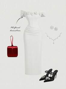 SHEIN MOD Red 3D Floral Ruched Bodycon Tube Midi Dress For Women, Fall Wedding Guest Dress, Homecoming New Year,Valentine Dress,Summer Dresses For Women - White - View 1