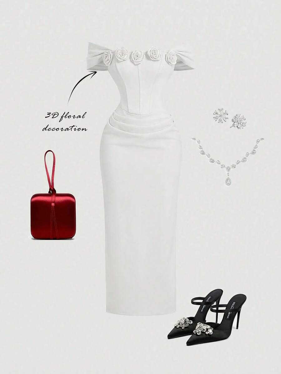 SHEIN MOD Red 3D Floral Ruched Bodycon Tube Midi Dress For Women, Fall Wedding Guest Dress, Homecoming New Year,Valentine Dress,Summer Dresses For Women - White - View 1