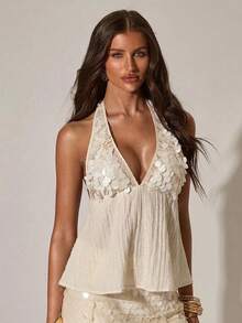 SHEIN BAE Áo hai dây nữ cổ chữ V đính sequin hở lưng, kiểu dáng thường ngày, thích hợp cho kỳ nghỉ, áo hai dây dự tiệc cùng chị em, áo hai dây đính sequin ghép mảnh, áo hai dây dự tiệc âm nhạc, áo hai dây gợi cảm cho kỳ nghỉ, áo hai dây thường ngày, áo hai dây đi biển, áo hai dây quyến rũ. - Màu be - Xem 1
