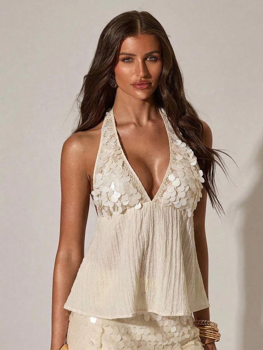 SHEIN BAE Áo hai dây nữ cổ chữ V đính sequin hở lưng, kiểu dáng thường ngày, thích hợp cho kỳ nghỉ, áo hai dây dự tiệc cùng chị em, áo hai dây đính sequin ghép mảnh, áo hai dây dự tiệc âm nhạc, áo hai dây gợi cảm cho kỳ nghỉ, áo hai dây thường ngày, áo hai dây đi biển, áo hai dây quyến rũ. - Màu be - Xem 1