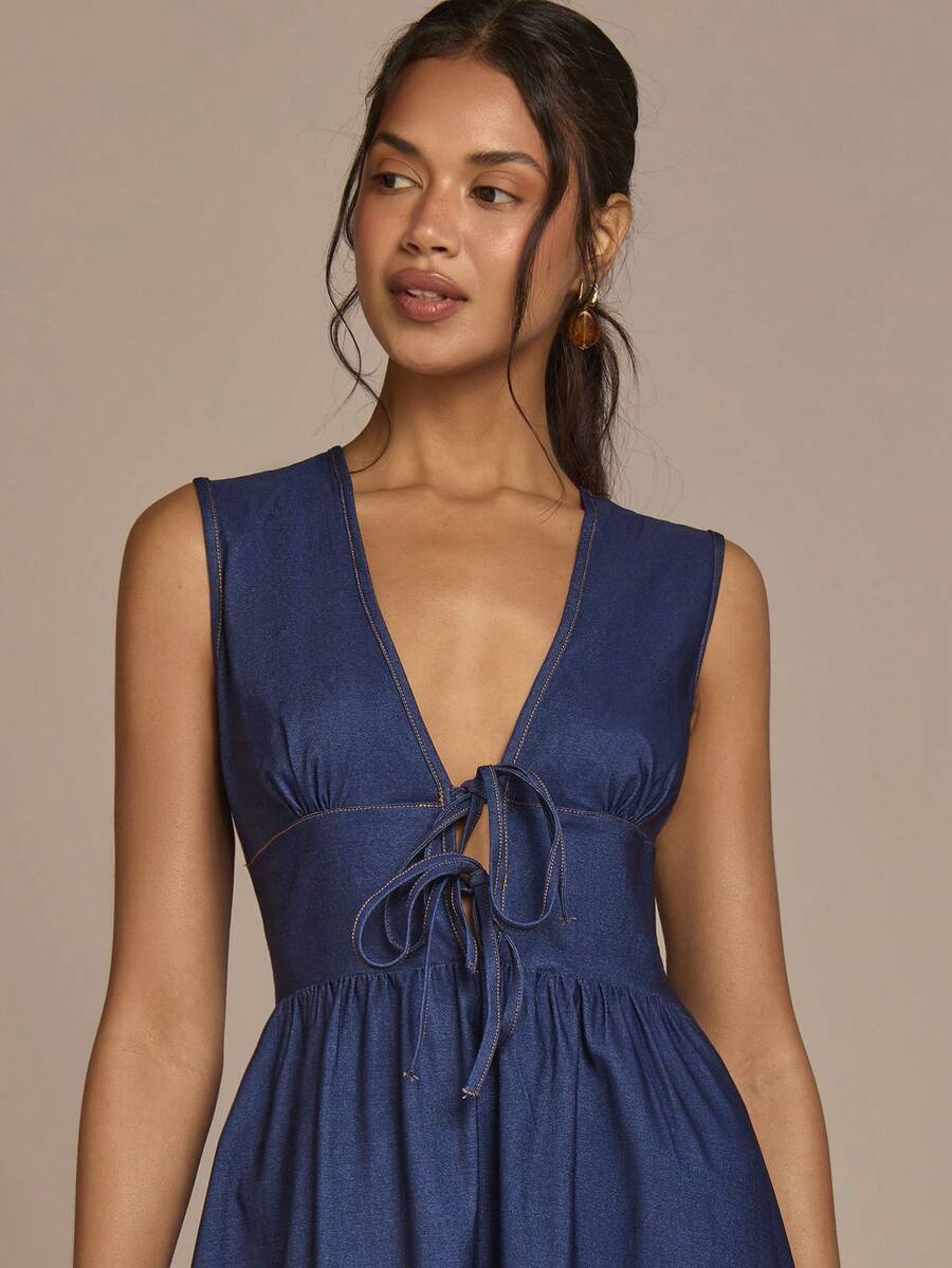 COSMINA Vestido largo azul elegante para mujer, sin mangas, diseño de cuello en V con lazo delantero, vestido de línea A - Azul Marino - Ver 1
