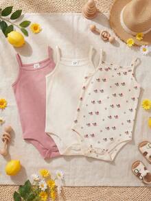 SHEIN 3件套休闲纯色针织吊带连体衣，粉色+白色+花卉图案 - 粉色 - 查看 2