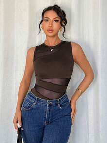 Rafferiza 优雅性感时尚黑色圆领无袖修身不对称几何网眼拼布针织女式紧身衣，春夏 - 巧克力棕 - 查看 6