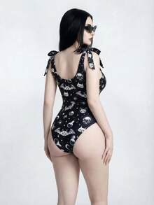 ROMWE Goth Plus Size Women Moon & Bat Print One-Piece Swimsuit - Black - View 2