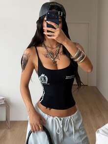 Coolane Women's Y2K Streetwear Number Pattern Contrast Piping Halter Top - Black - View 1