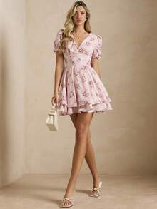 Enchnt Vestido ajustado de manga corta con cuello en V rosa, lindo y dulce - Rosa - Ver 4