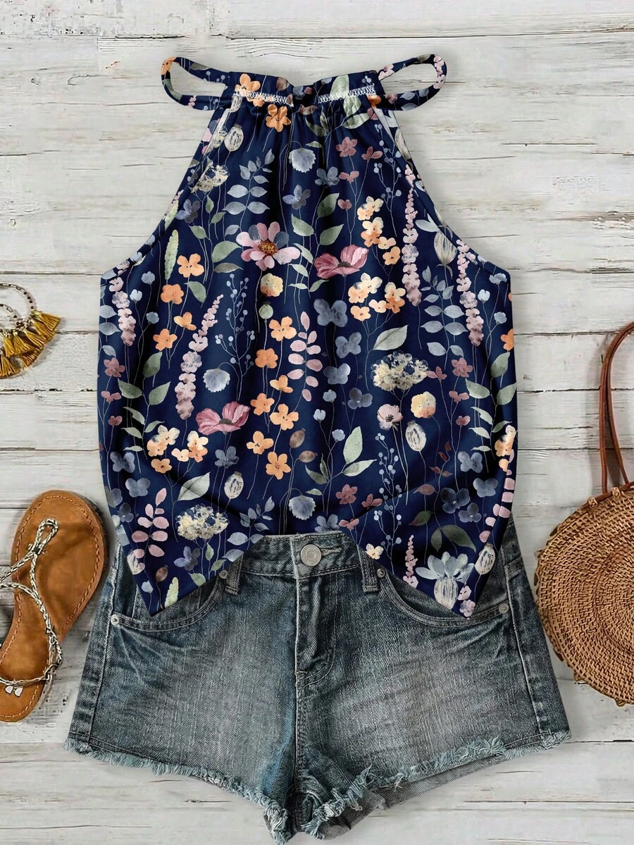 SHEIN LUNE Áo hai dây cổ yếm in hoa phong cách retro dành cho nữ, thích hợp cho kỳ nghỉ xuân/hè. - Nhiều màu - Xem 1