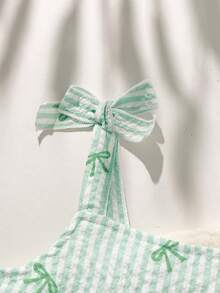 SHEIN 2件套女婴幼儿/新生儿0-3岁休闲日常可爱度假条纹蝴蝶结装饰吊带背心+短裤套装，春夏款 - 綠色 - 查看 4