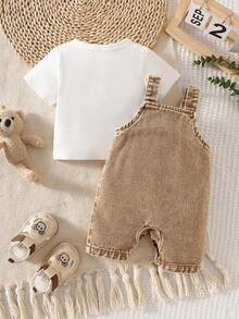 SHEIN Baby Boy Cartoon Graphic 3D Ear Design Denim Romper - Khaki - View 2