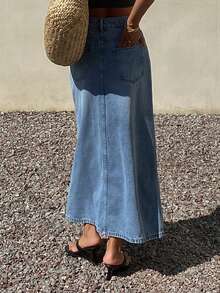 DAZY Damen Asymmetrisches Design Taillenschlitz Lässiger Denim Rock - Mittele Waschung - Übersicht 6