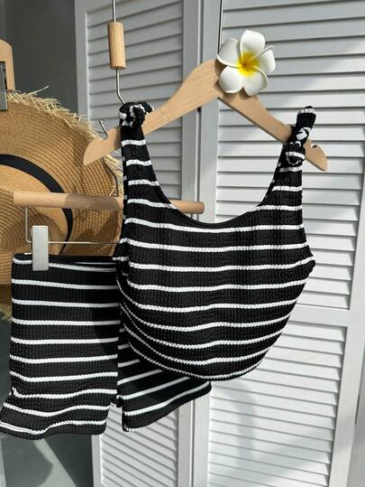 Livesso Bộ đồ bơi tankini kẻ sọc kiểu retro dành cho bé gái