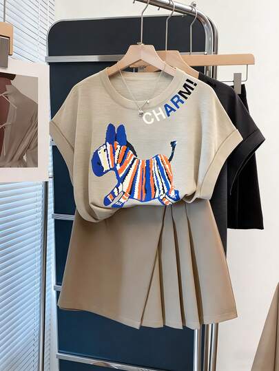 GlowEve Conjunto de suéter holgado de punto con puños vueltos, blusa de manga corta y falda para mujer