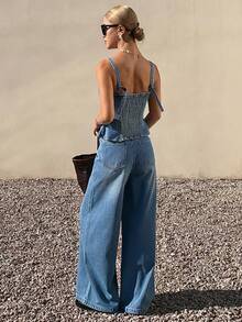 DAZY Bộ đồ nữ đơn sắc tối giản gồm áo hai dây và quần jeans, thích hợp mặc hàng ngày. - Màu xanh lam - Xem 6
