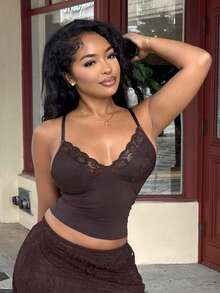 Alexandranx Women's Solid Color Lace Patchwork Casual Fashion Camisole Top, Summer - Coffee Brown - View 5
