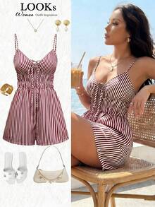 GlowEve Bộ jumpsuit nữ kẻ sọc xanh trắng, kiểu dáng thanh lịch, phong cách Pháp giản dị, thích hợp cho đi biển, dạo phố, đi làm, hẹn hò, công sở, sự kiện, không tay. - Màu Đỏ Sâu - Xem 1