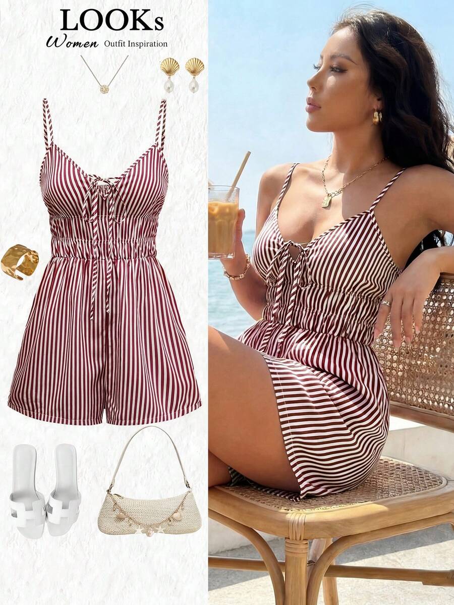 GlowEve Bộ jumpsuit nữ kẻ sọc xanh trắng, kiểu dáng thanh lịch, phong cách Pháp giản dị, thích hợp cho đi biển, dạo phố, đi làm, hẹn hò, công sở, sự kiện, không tay. - Màu Đỏ Sâu - Xem 1