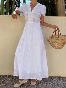 Livesso Textured Waist-Cinching Midi Dress For Women, Suitable For Vacation Sundress Summer Boho - Beige - View 6